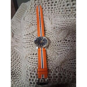 Fossil Mens Stainless Steel Watch With Orange & Black Nylon Strap And Date Displ